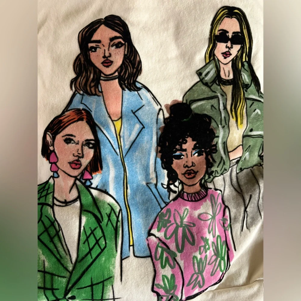 Zara Cool Girls Rare Graphic Illustration Print Crewneck Sweatshirt Pullover